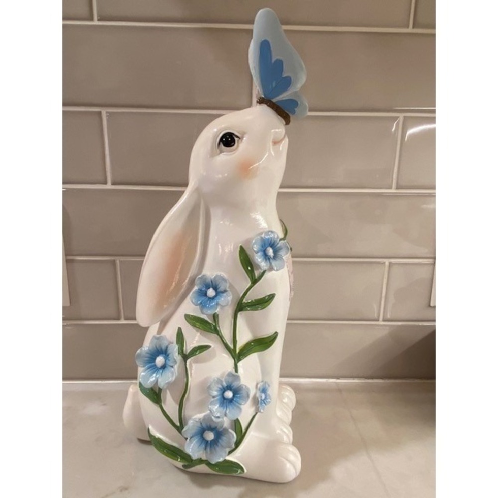 Laura Ashley White Ceramic Bunny Figurine Blue Butterfly Floral Easter Decor